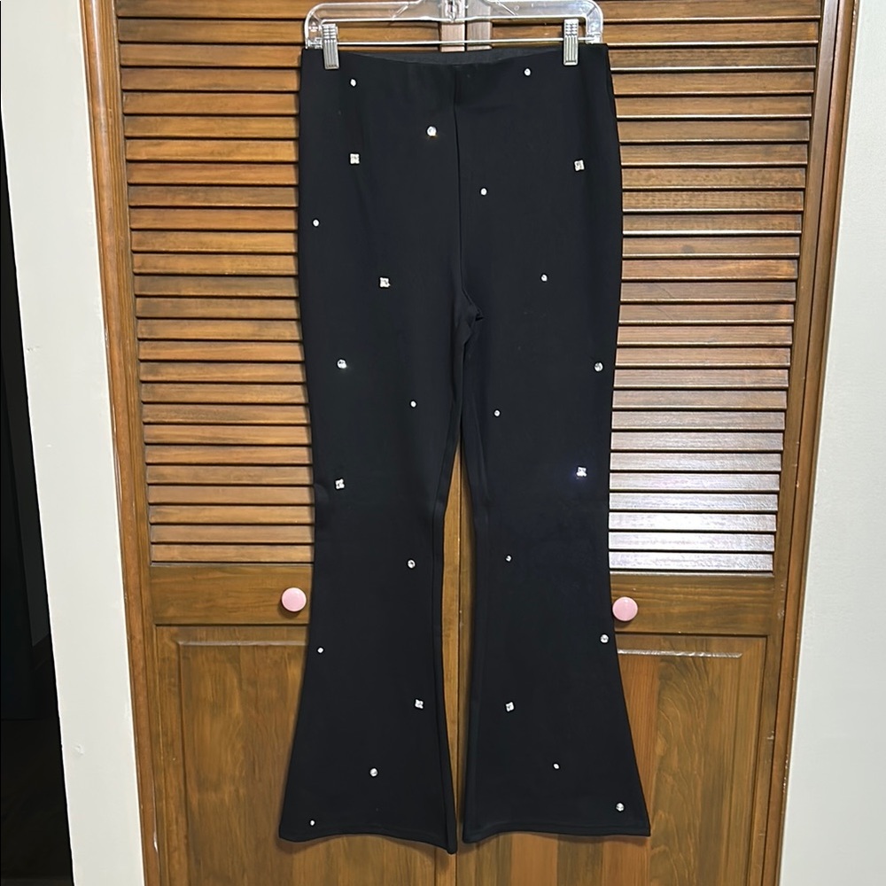 Alice Blue Black Flared Leggings Pants with Rhinestone Embellishments Size S